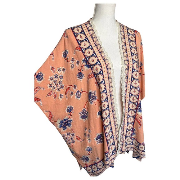 Angie Kimono Womens M Boho Floral Print Open Cardigan Lace Trim Dolman Peach - Picture 5 of 10